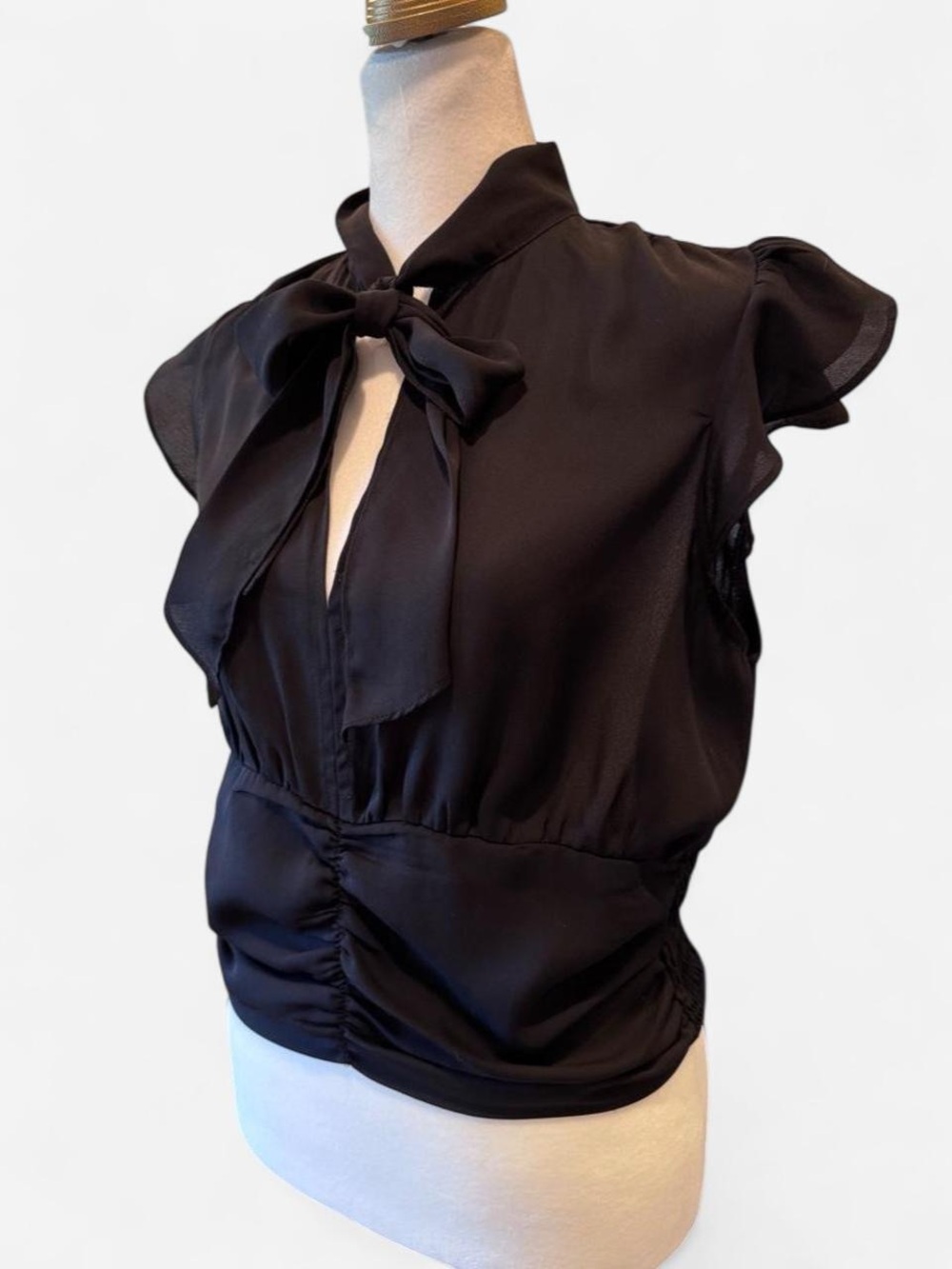 Black Tie Neck Flutter Sleeve Ruched Blouse | Medium